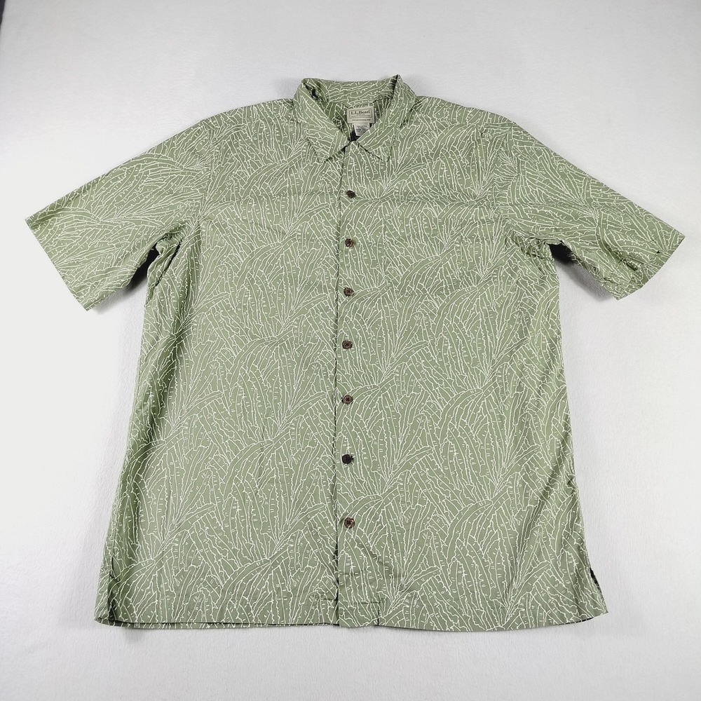 LL Bean Shirt Mens Large Tall Green Leaf Print‎ Button Up Traditional Fit Cotton